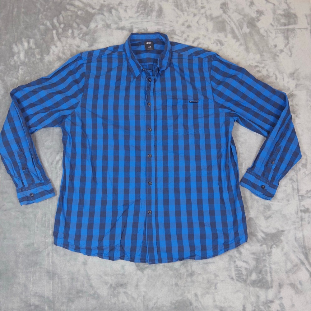 Oakley Button Down Shirt Mens XXL Blue Plaid Long Sleeve Cotton Regular Fit Top